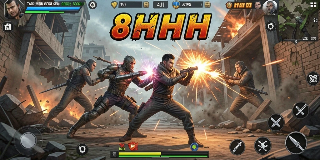 Gameplay seru dalam 8HHH yang menampilkan pertarungan aksi intens.