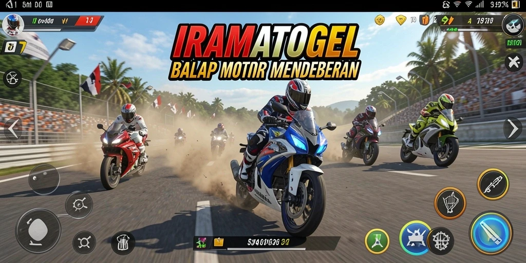 Tampilan gameplay <strong>IRAMATOGEL</strong> yang intens saat balap motor.