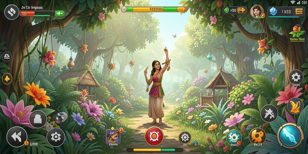 Tampilan gameplay JKT8 yang menampilkan kebun indah dan aktif.