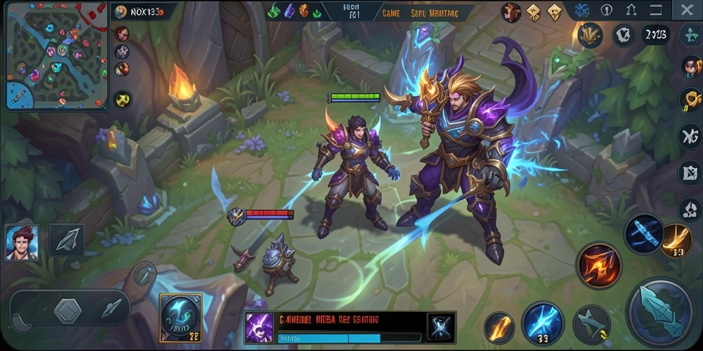 Tampilan gameplay seru dari NOX123 dengan tim yang berstrategi.