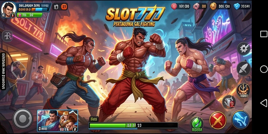 Screenshot utama SLOT777 menampilkan aksi pertarungan seru dan karakter yang dinamis.